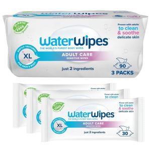 imageWaterWipes Adult Care Sensitive Body ampamp Intimate Hygiene Wipes 90 Wipes 3 Packs Extra Large Textured 999 WaterBased For Everyday Personal Uses30 Count Pack of 3